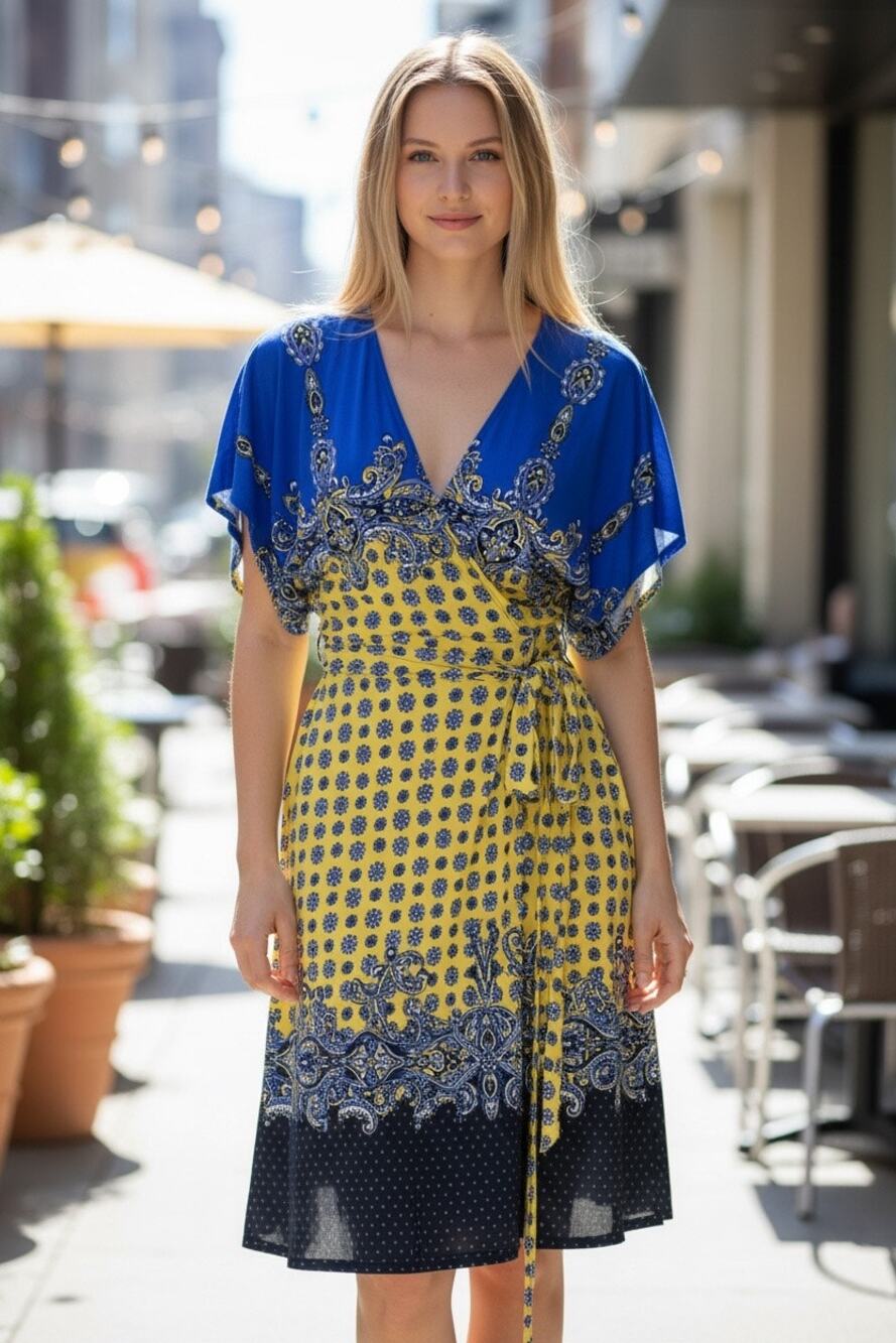Nine West Women's Wrap Dress Blue Yellow Paisley Print Tie Sleeve Midi Size 14